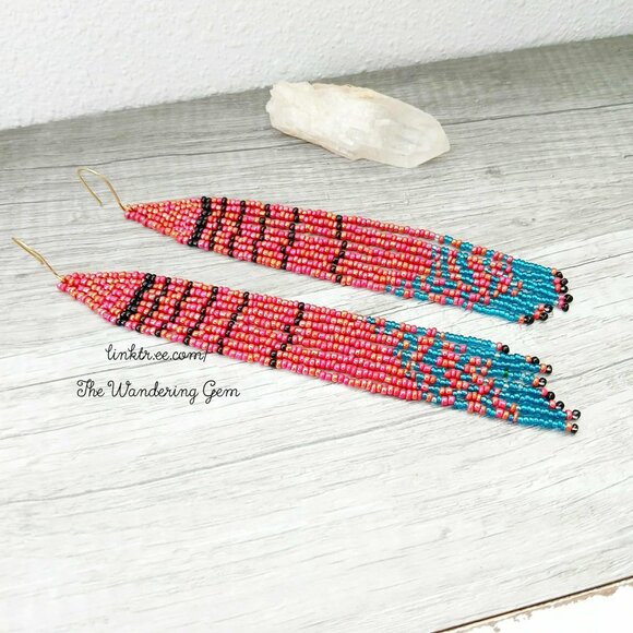 Long Boho Chic Beaded Fringe Cascade Shoulder Duster Dangle Earrings, 7" - Picture 6 of 8